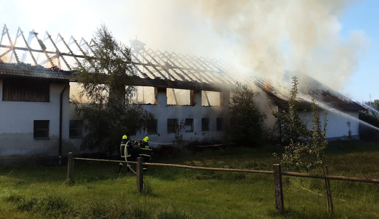 Rozsáhlý požár kravína na Pelhřimovsku, všechny krávy uhynuly. Zranil se i jeden člověk, skončil v nemocnici