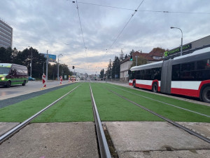 V Brně se zazelenají další koleje. Dopravní podnik poprvé testuje umělou trávu